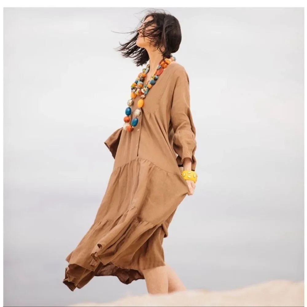 Becasa Bronze Grand Palm Maxi Dress New with Tags OS 100% Linen